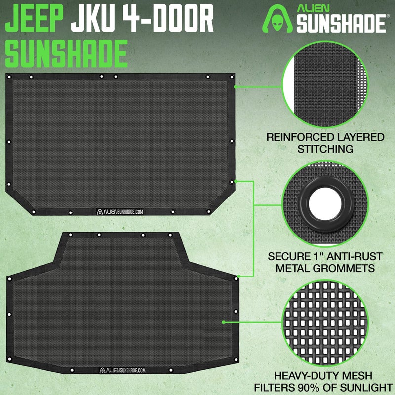 Alien Sunshade Jeep Wrangler JKU Black (2007-2018) Front & Rear Mesh Sun Shade for JK Unlimited, Blocks UV, Wind, Noise, Jeep Gifts, Bikini Jkini Top Cover for Sport, Sport S, Sahara, Rubicon - Image 2